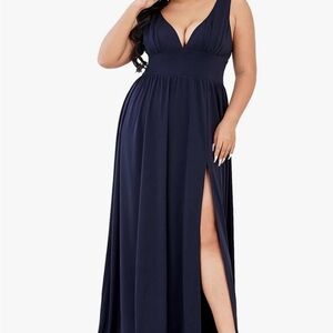 Plus Size Elegant Navy Blue Maxi Dress